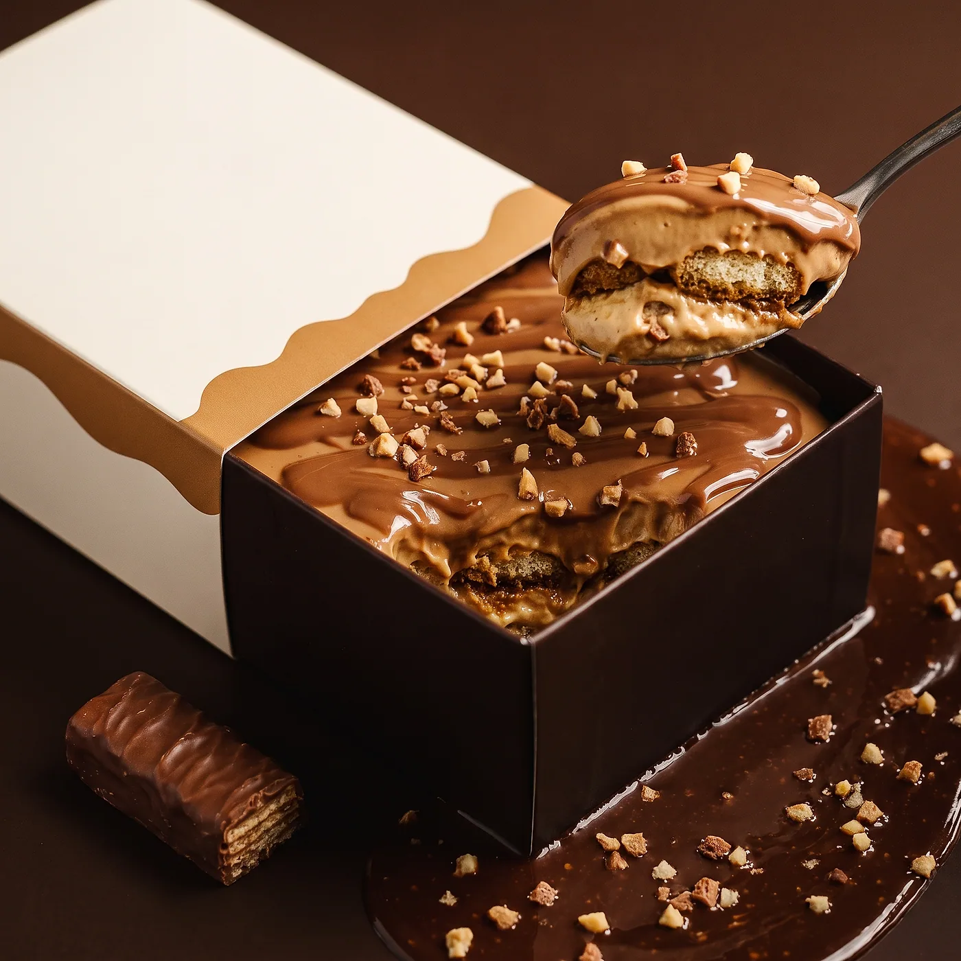 Boîte Misuu Bueno ouverte, nappage chocolat au lait et éclats de noisette.