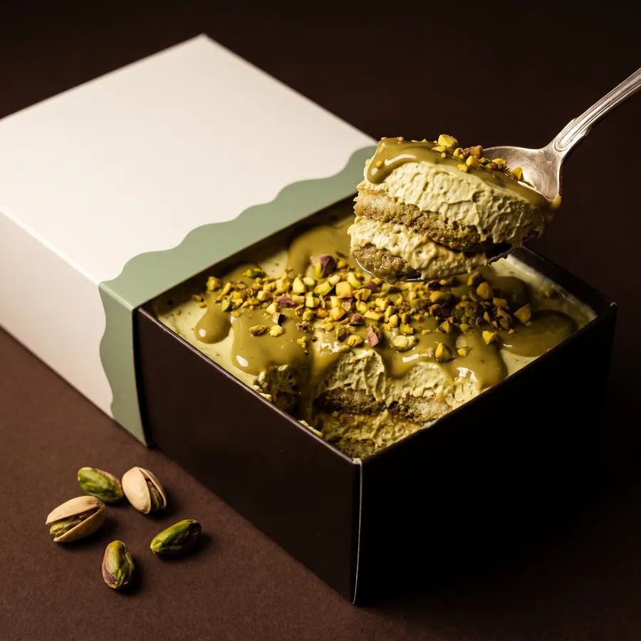 Pistache : crème douce et éclats torréfiés.
