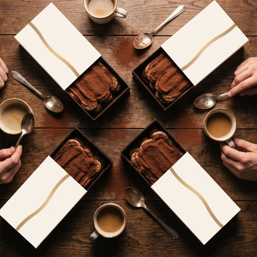 Une table, quatre boîtes ouvertes.