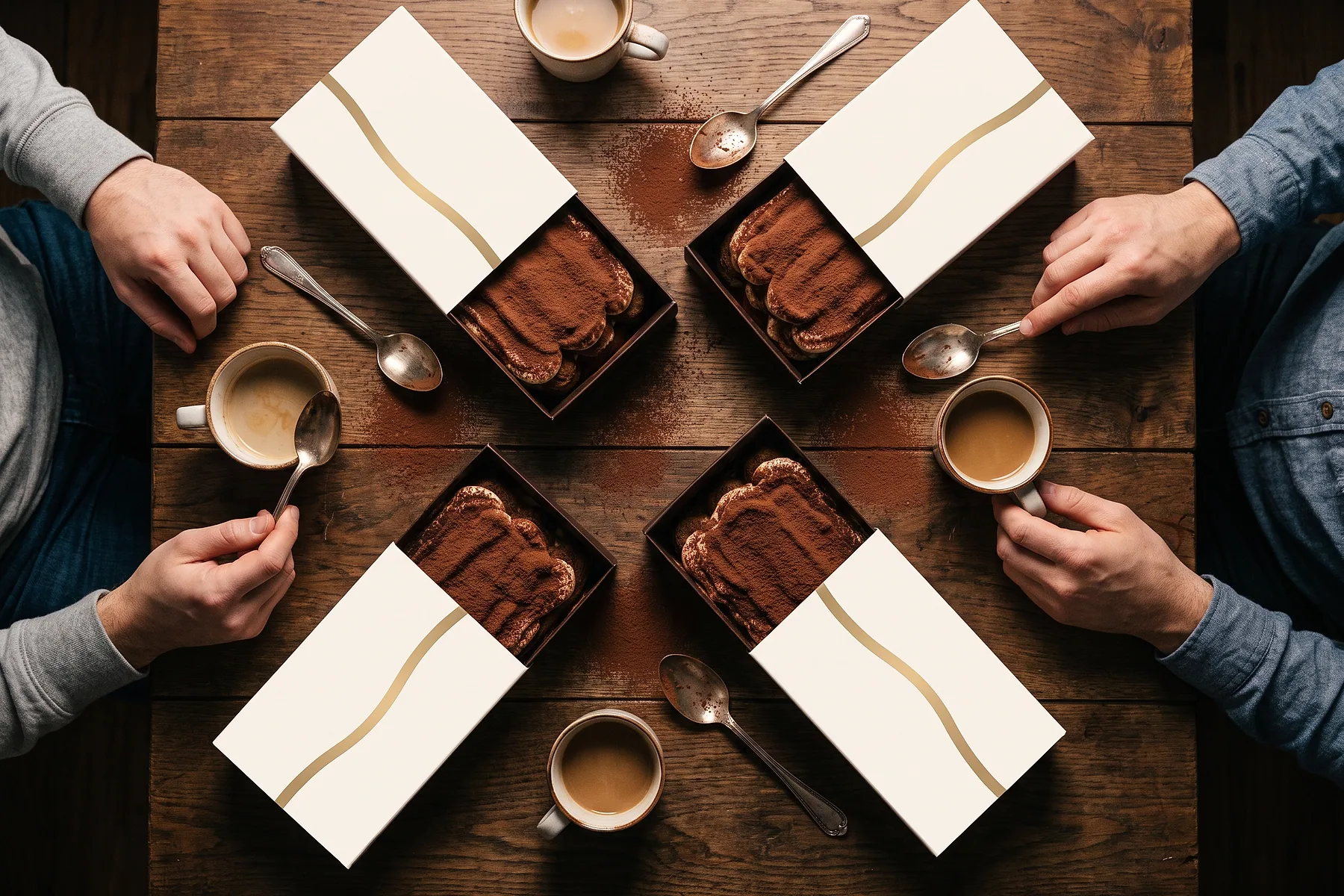 Vue du dessus d'une table de partage : quatre boîtes Misuu ouvertes et des cafés.
