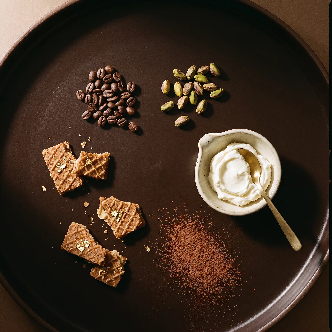 Flatlay des ingrédients Misuu : café, pistaches, gaufrettes, mascarpone et cacao.